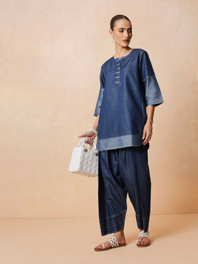 Women Navy Colour Block Short Kurta With Farshi Salwar