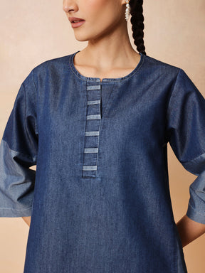 Women Navy Colour Block Short Kurta With Farshi Salwar