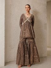 Brown & Beige Peplum Top With Sharara Pants -Shae by SASSAFRAS