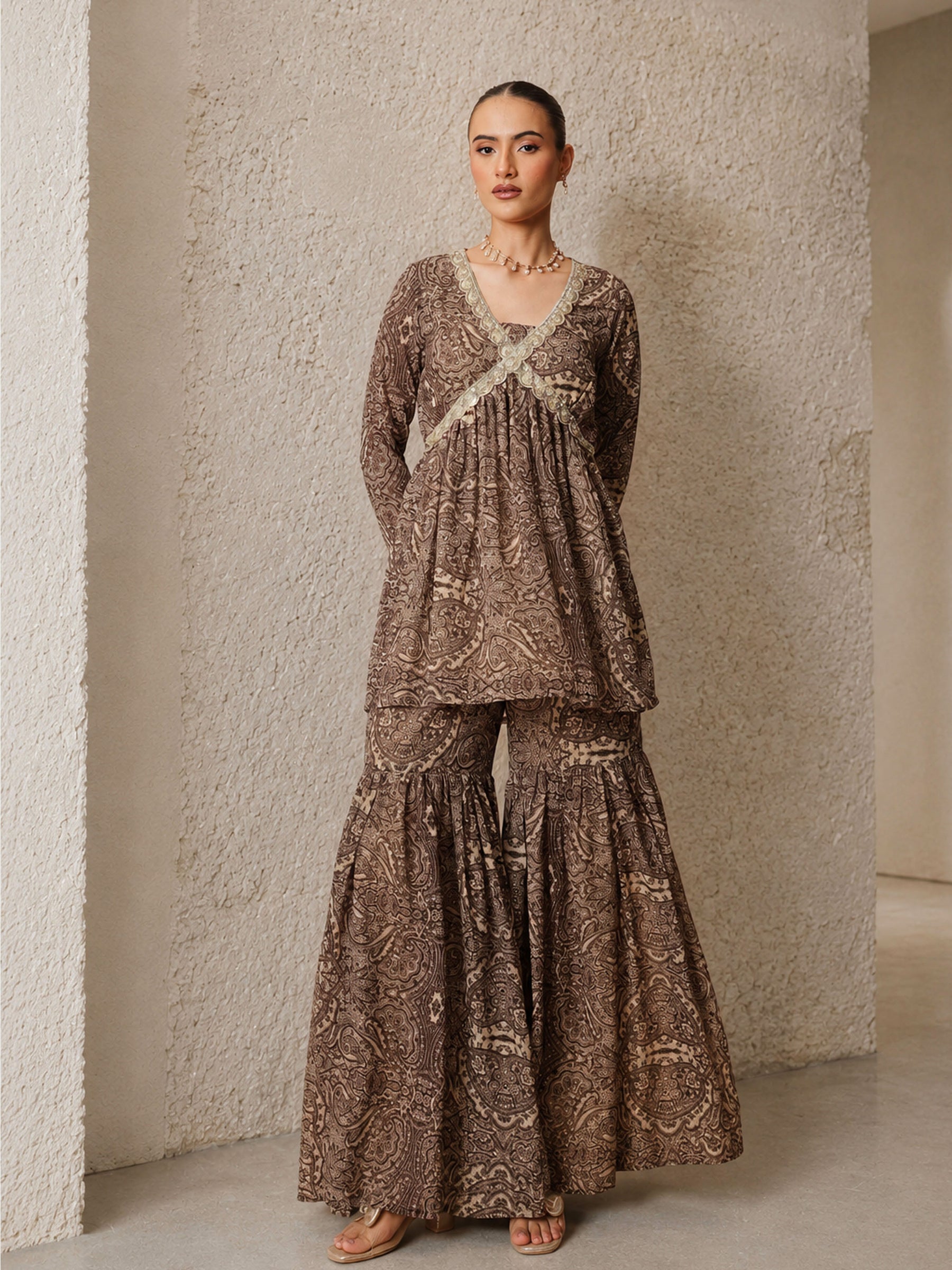 Brown & Beige Peplum Top With Sharara Pants -Shae by SASSAFRAS