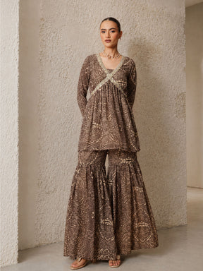 Brown & Beige Peplum Top With Sharara Pants -Shae by SASSAFRAS