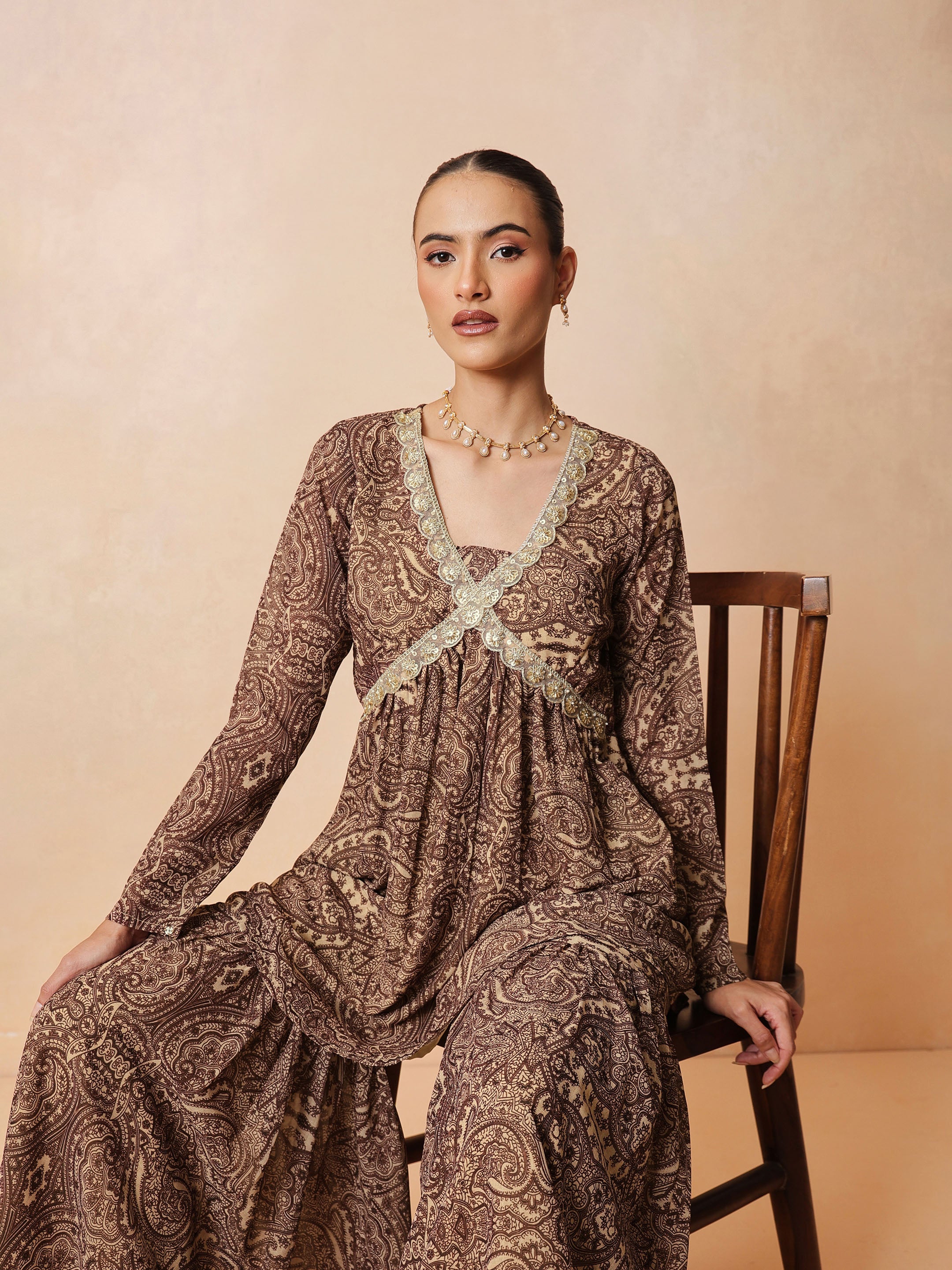 Brown & Beige Peplum Top With Sharara Pants -Shae by SASSAFRAS