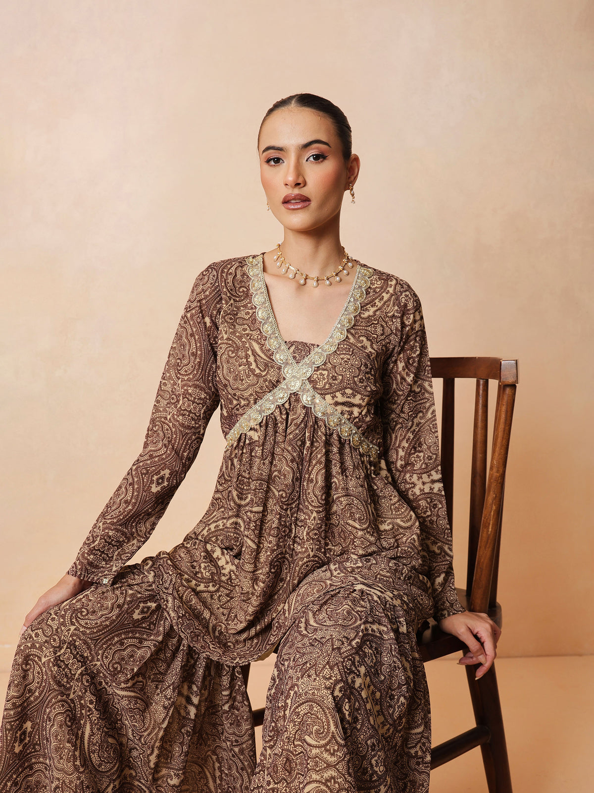 Brown & Beige Peplum Top With Sharara Pants -Shae by SASSAFRAS