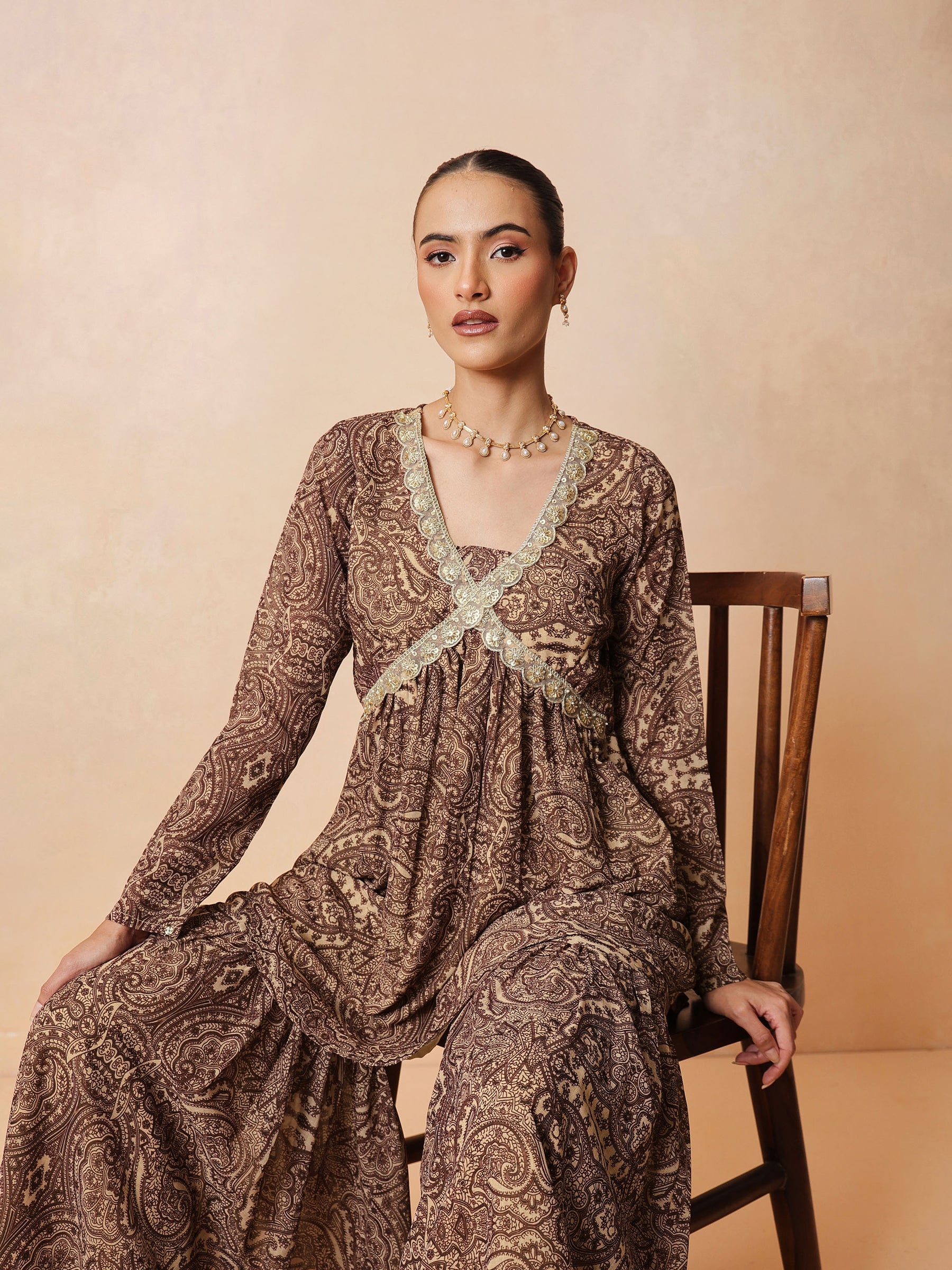 Brown & Beige Peplum Top With Sharara Pants -Shae by SASSAFRAS