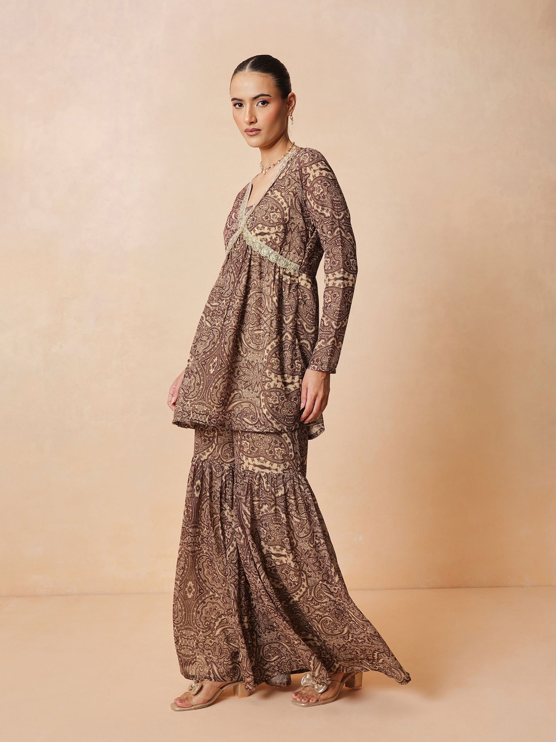 Brown & Beige Peplum Top With Sharara Pants -Shae by SASSAFRAS