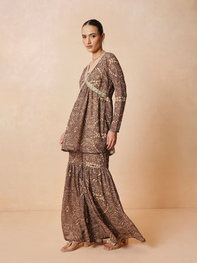 Brown & Beige Peplum Top With Sharara Pants -Shae by SASSAFRAS