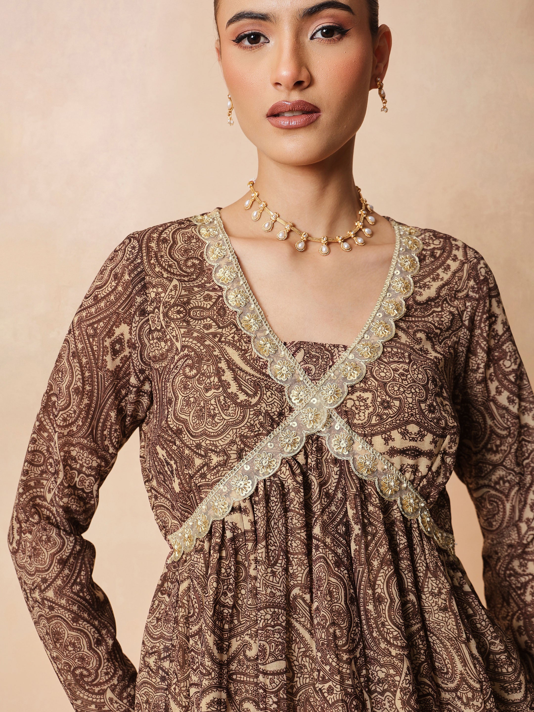 Brown & Beige Peplum Top With Sharara Pants -Shae by SASSAFRAS