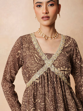 Brown & Beige Peplum Top With Sharara Pants -Shae by SASSAFRAS