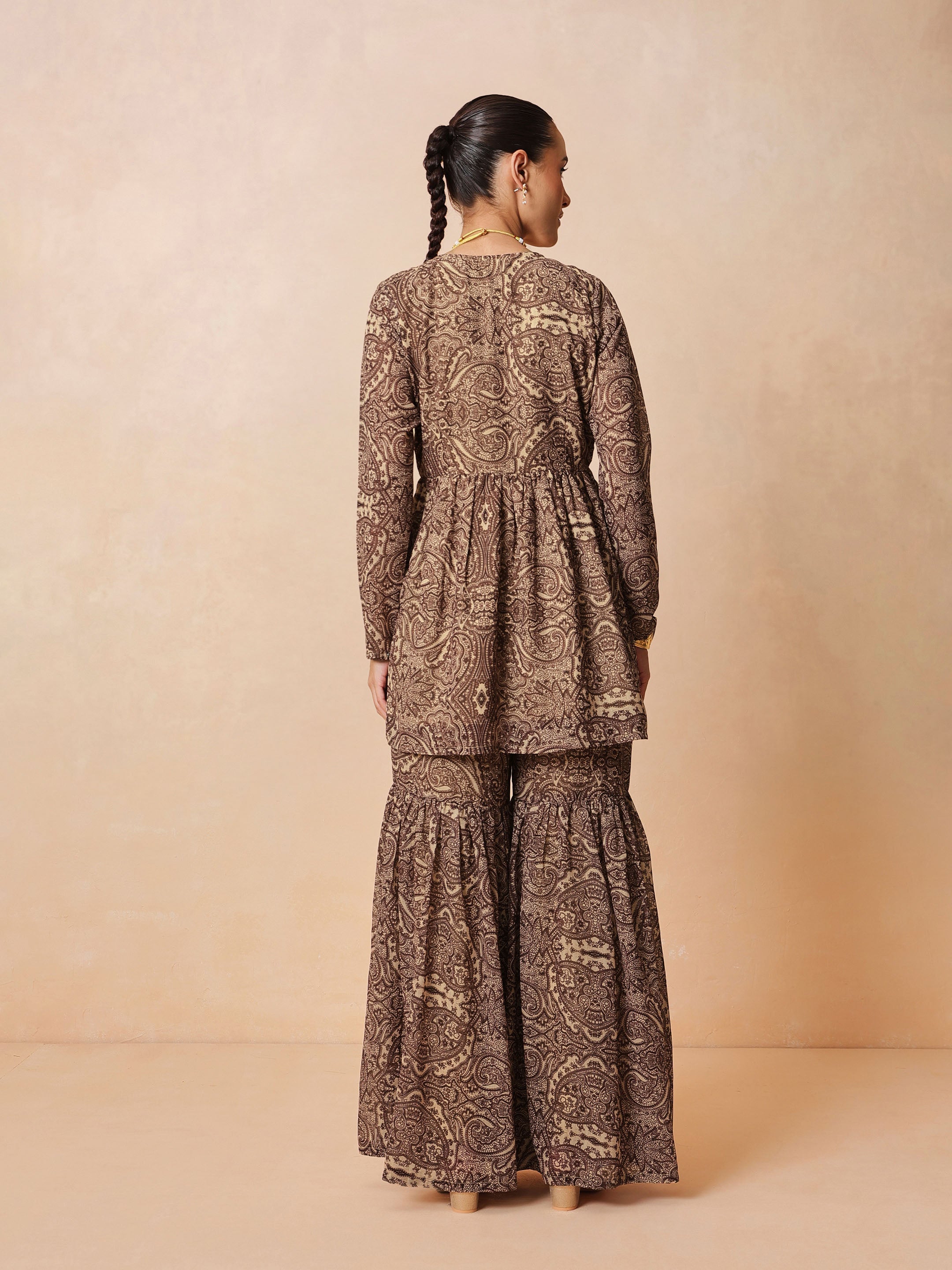 Brown & Beige Peplum Top With Sharara Pants -Shae by SASSAFRAS