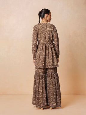 Brown & Beige Peplum Top With Sharara Pants -Shae by SASSAFRAS