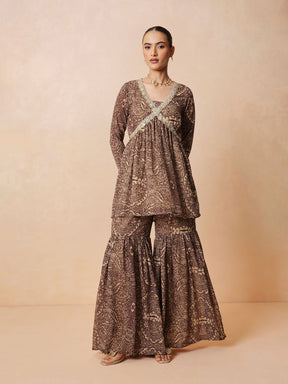 Women Brown & Beige Peplum Top With Sharara Pants