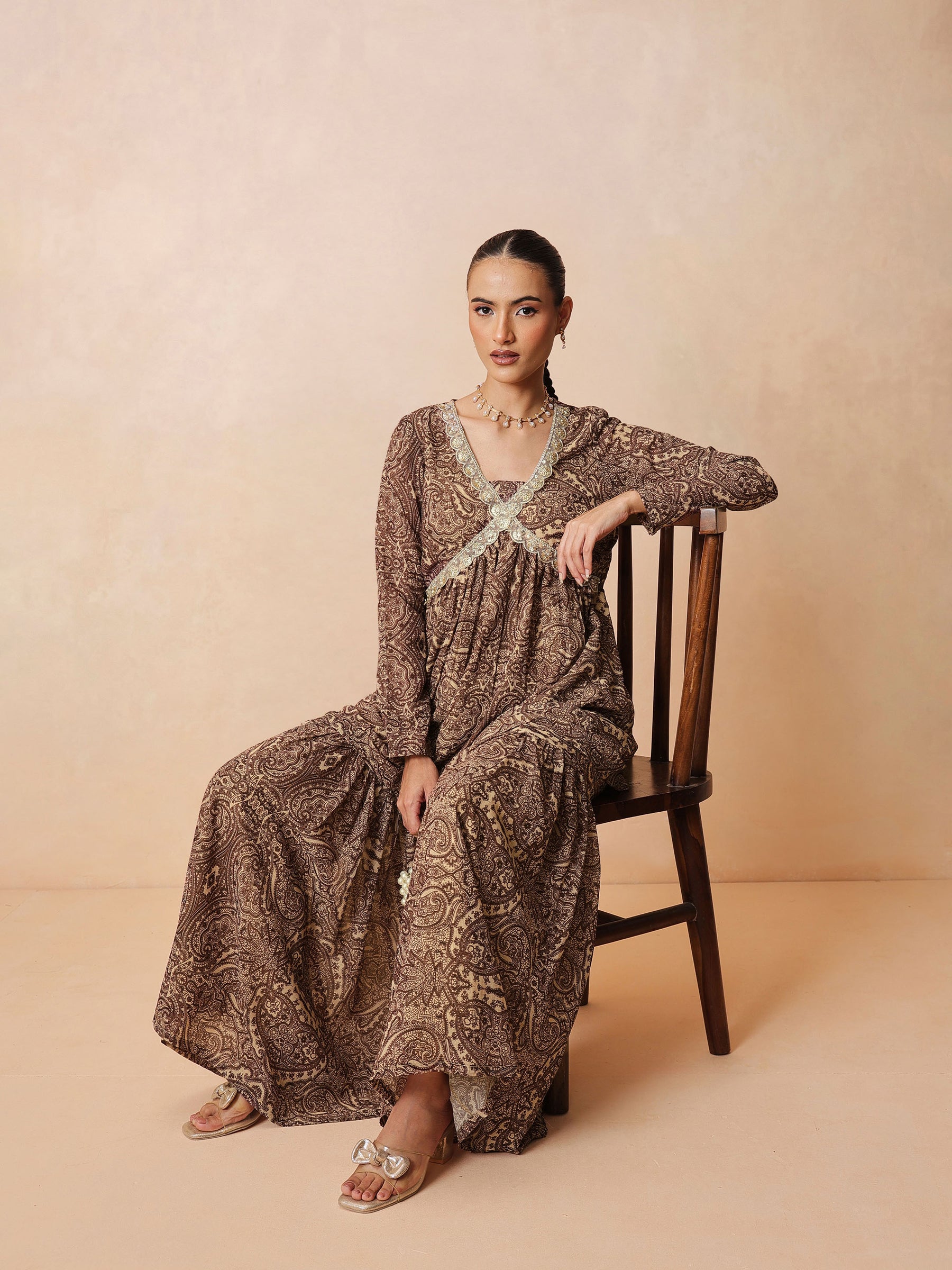 Women Brown & Beige Peplum Top With Sharara Pants