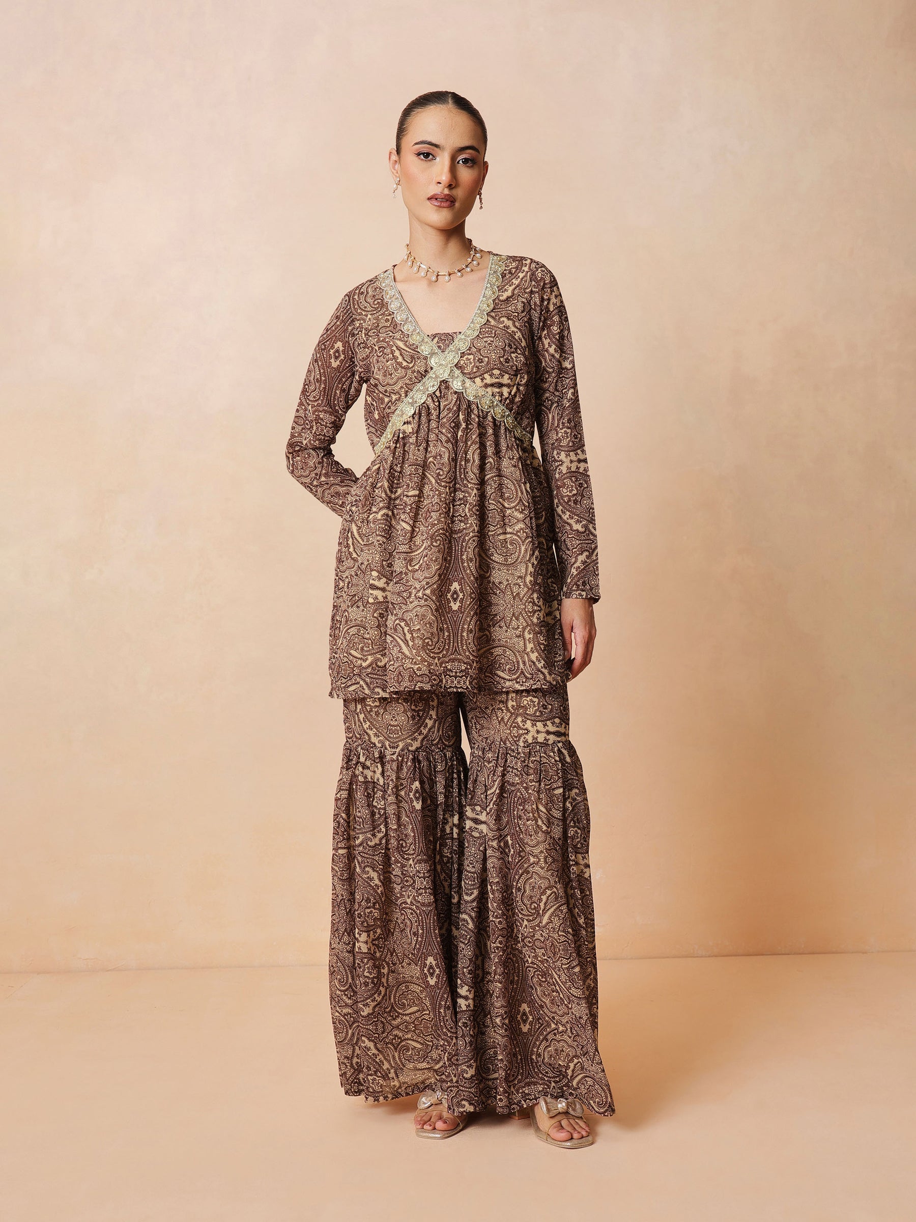 Women Brown & Beige Peplum Top With Sharara Pants