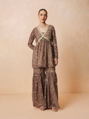 Women Brown & Beige Peplum Top With Sharara Pants