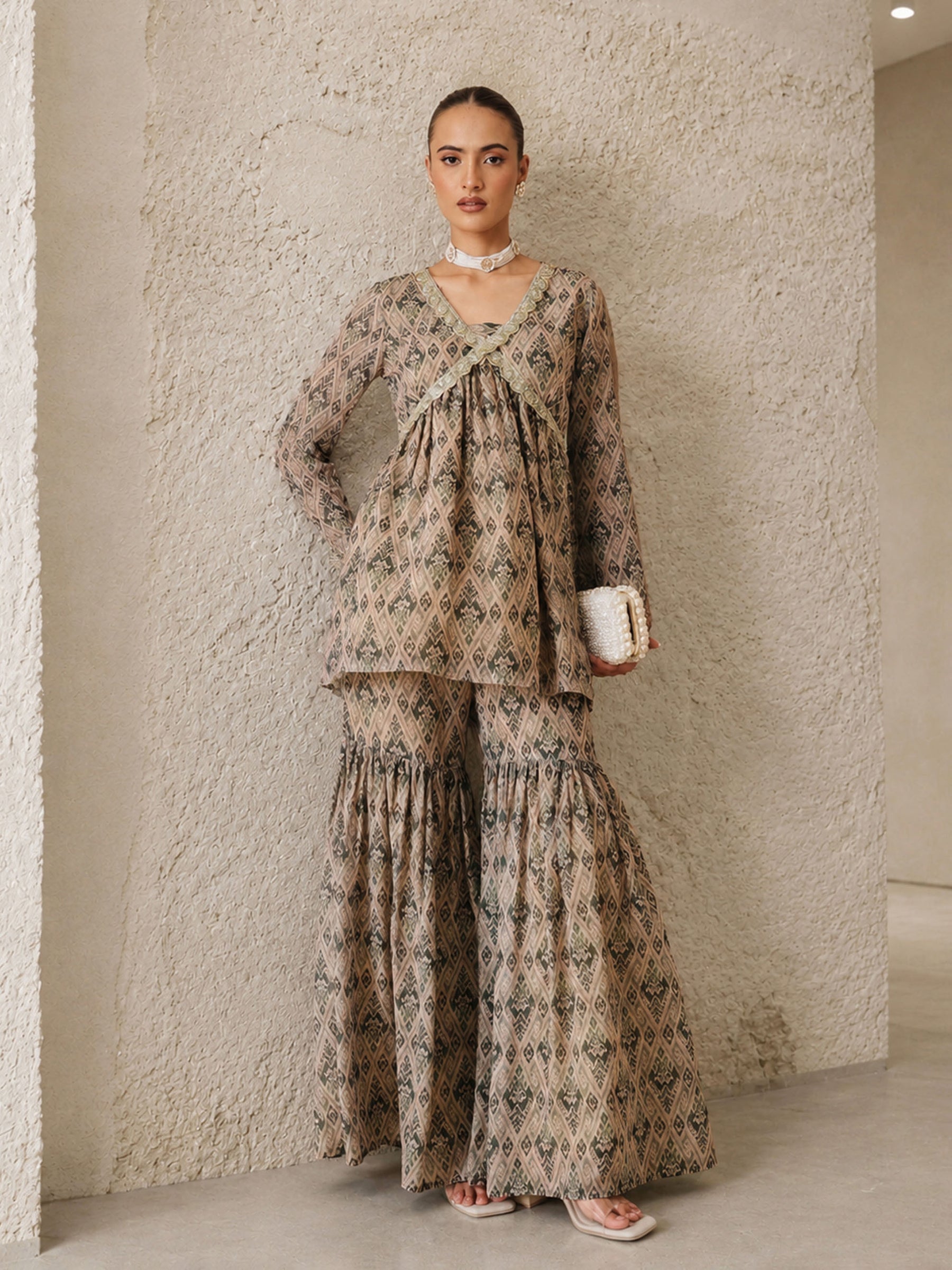 Beige & Olive Peplum Top With Sharara Pants -Shae by SASSAFRAS