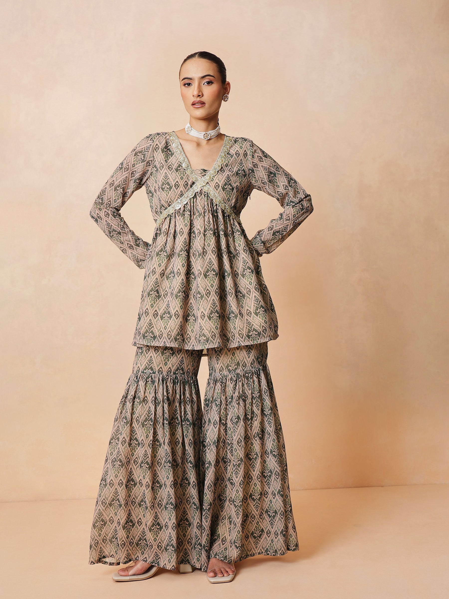 Beige & Olive Peplum Top With Sharara Pants -Shae by SASSAFRAS