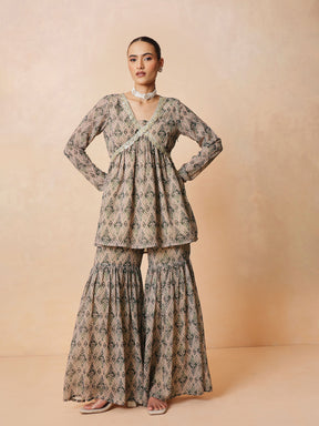 Beige & Olive Peplum Top With Sharara Pants -Shae by SASSAFRAS