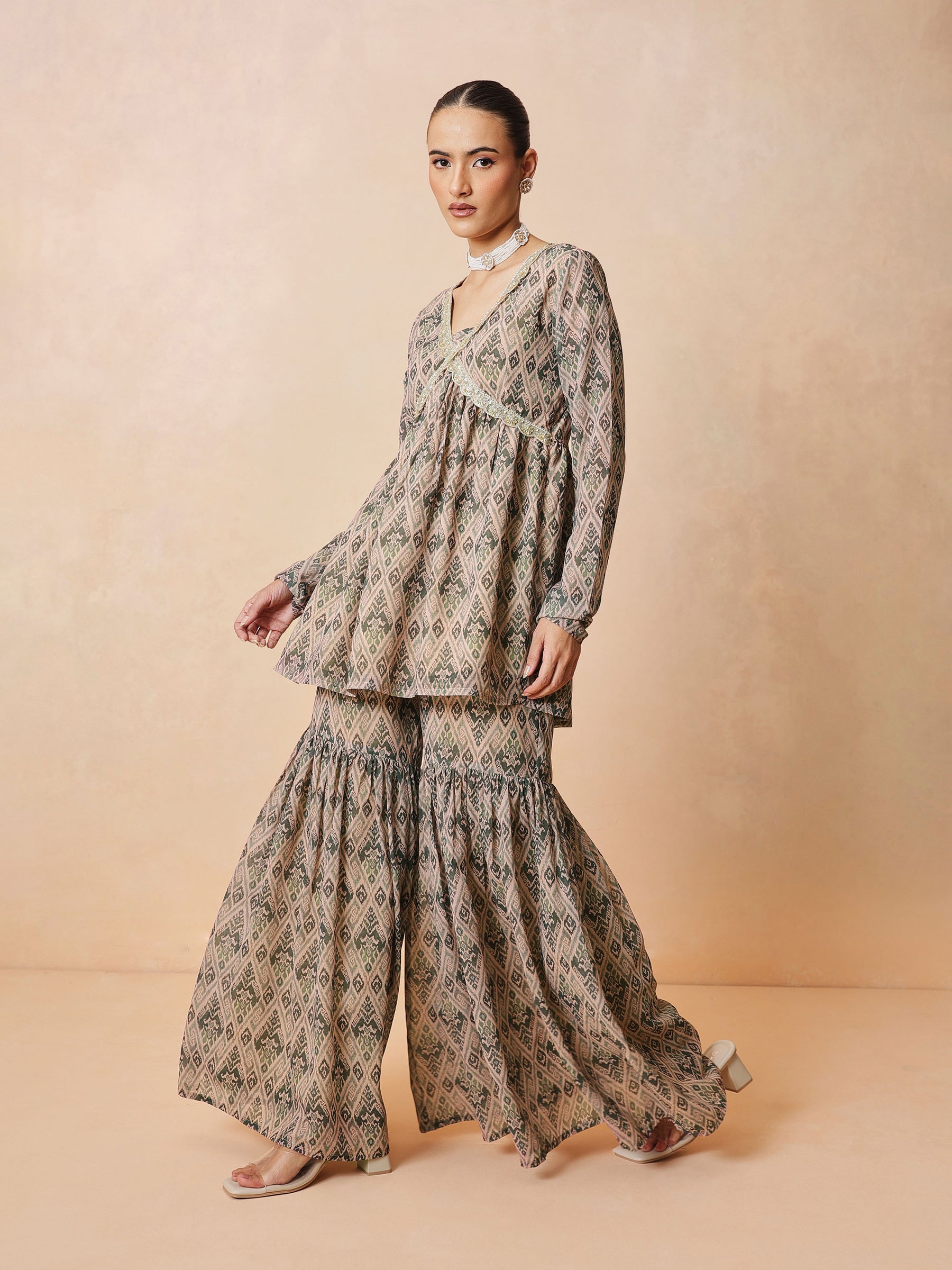 Beige & Olive Peplum Top With Sharara Pants -Shae by SASSAFRAS