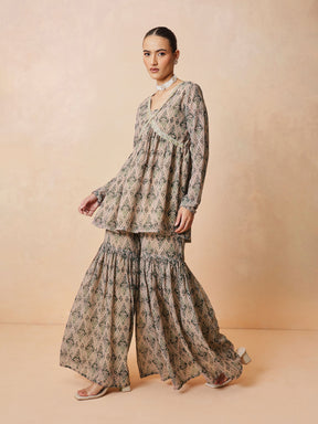 Beige & Olive Peplum Top With Sharara Pants -Shae by SASSAFRAS