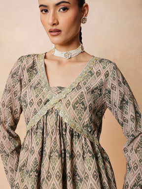 Beige & Olive Peplum Top With Sharara Pants -Shae by SASSAFRAS