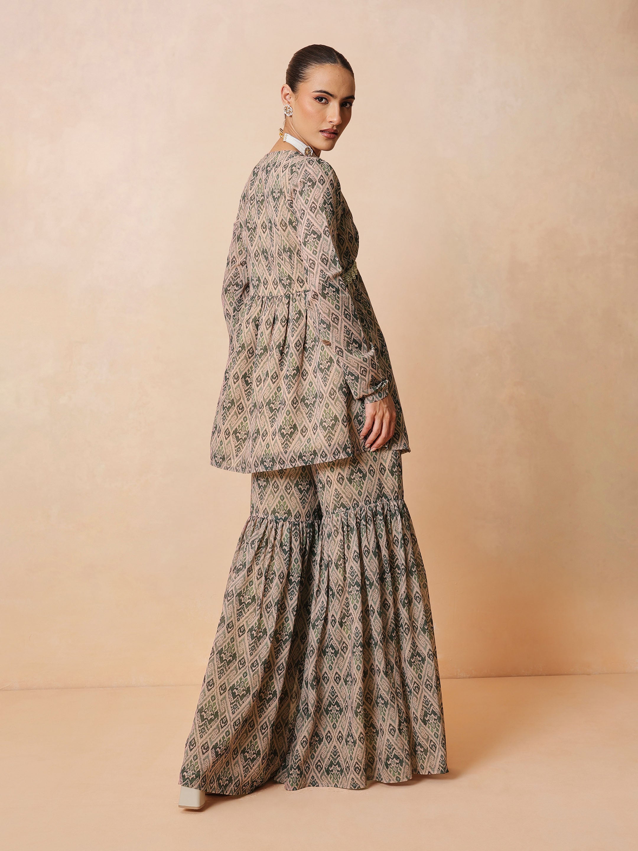 Beige & Olive Peplum Top With Sharara Pants -Shae by SASSAFRAS