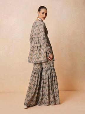 Beige & Olive Peplum Top With Sharara Pants -Shae by SASSAFRAS