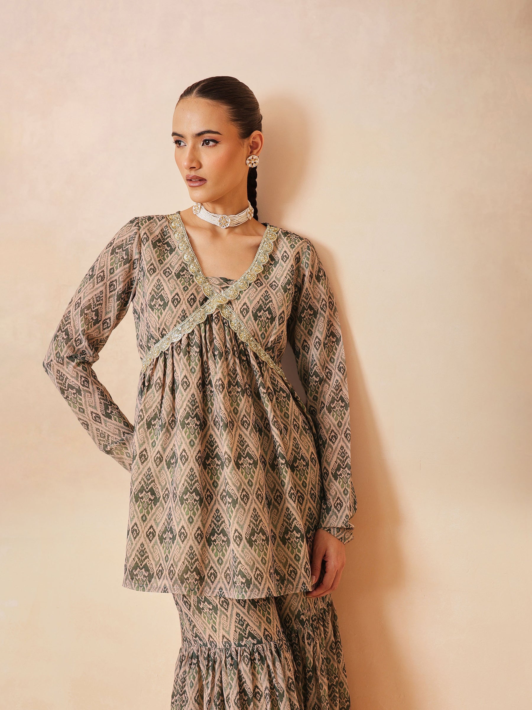 Women Beige & Olive Peplum Top With Sharara Pants