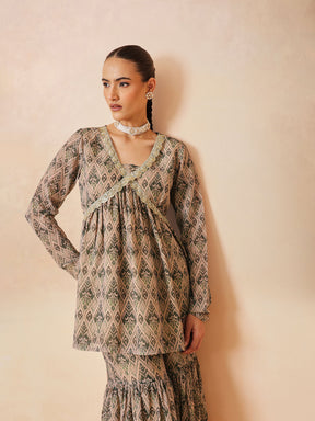 Women Beige & Olive Peplum Top With Sharara Pants