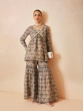 Women Beige & Olive Peplum Top With Sharara Pants