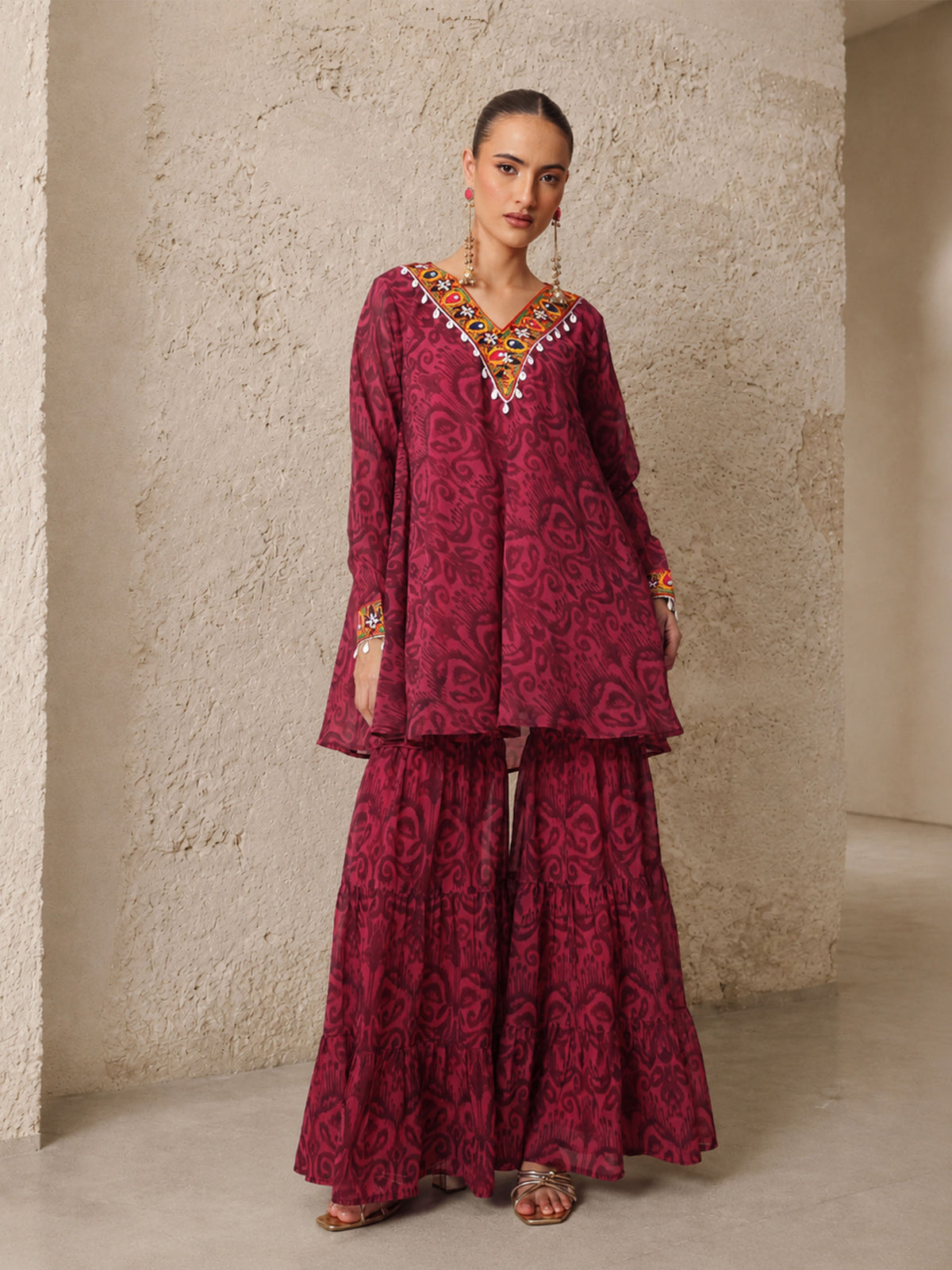 Fuchsia & Brown Ikat Print A line Kurti with Sharara Pants-Shae by SASSAFRAS