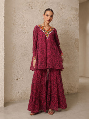 Fuchsia & Brown Ikat Print A line Kurti with Sharara Pants-Shae by SASSAFRAS