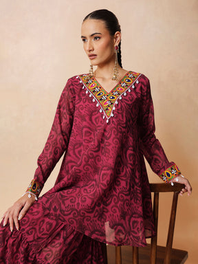 Fuchsia & Brown Ikat Print A line Kurti with Sharara Pants-Shae by SASSAFRAS