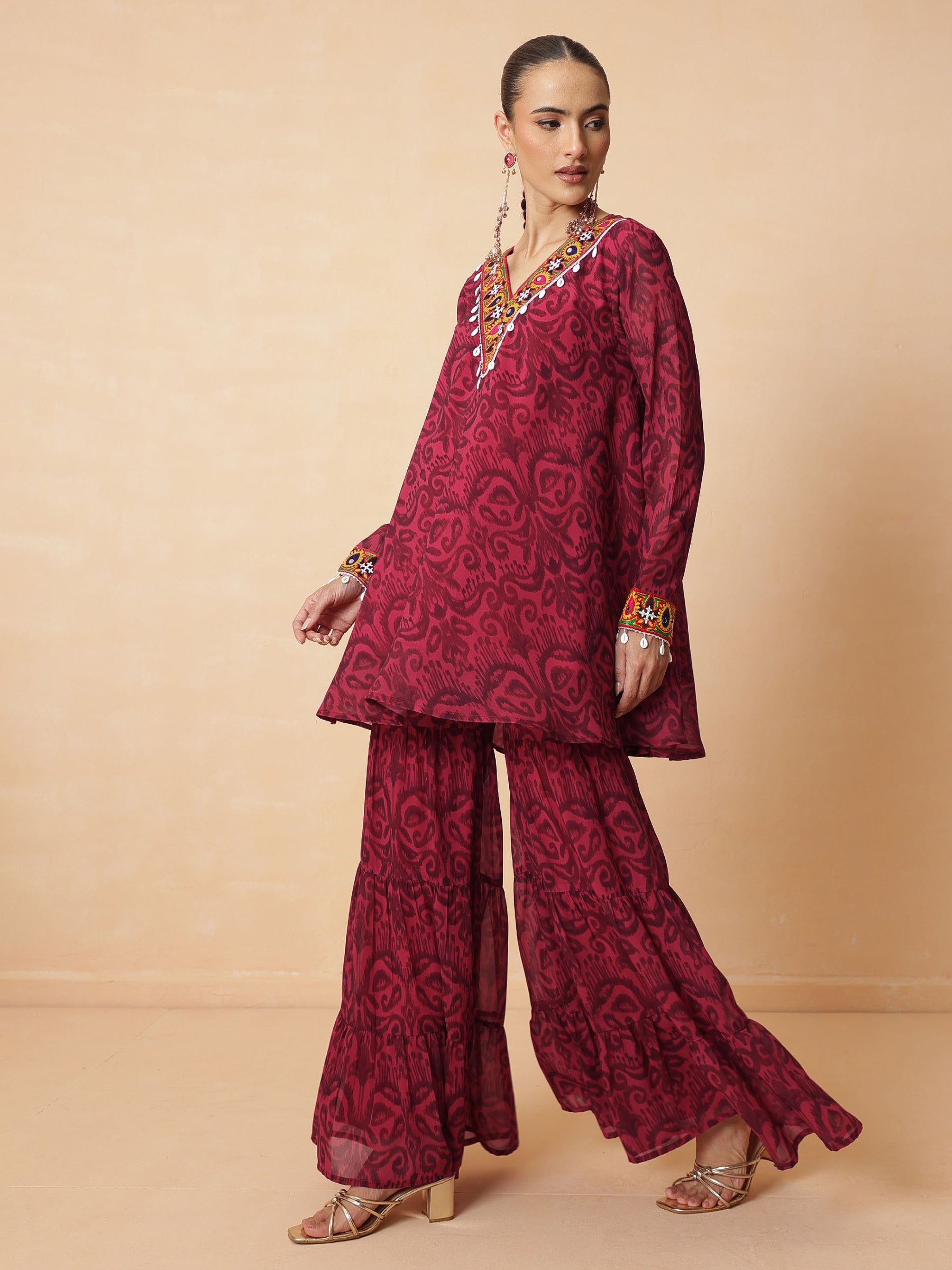Fuchsia & Brown Ikat Print A line Kurti with Sharara Pants-Shae by SASSAFRAS