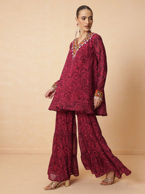 Fuchsia & Brown Ikat Print A line Kurti with Sharara Pants-Shae by SASSAFRAS
