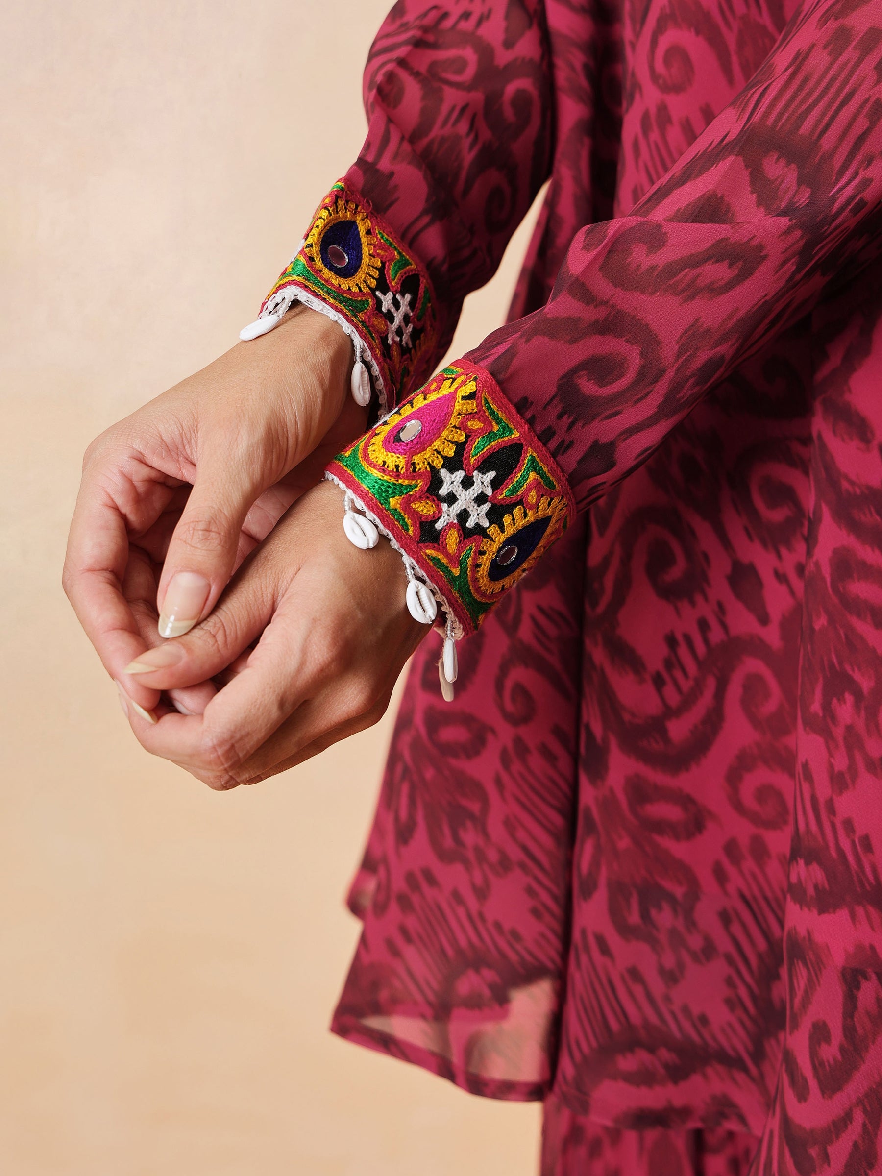 Fuchsia & Brown Ikat Print A line Kurti with Sharara Pants-Shae by SASSAFRAS