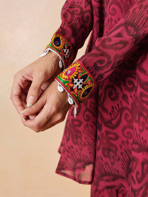 Fuchsia & Brown Ikat Print A line Kurti with Sharara Pants-Shae by SASSAFRAS