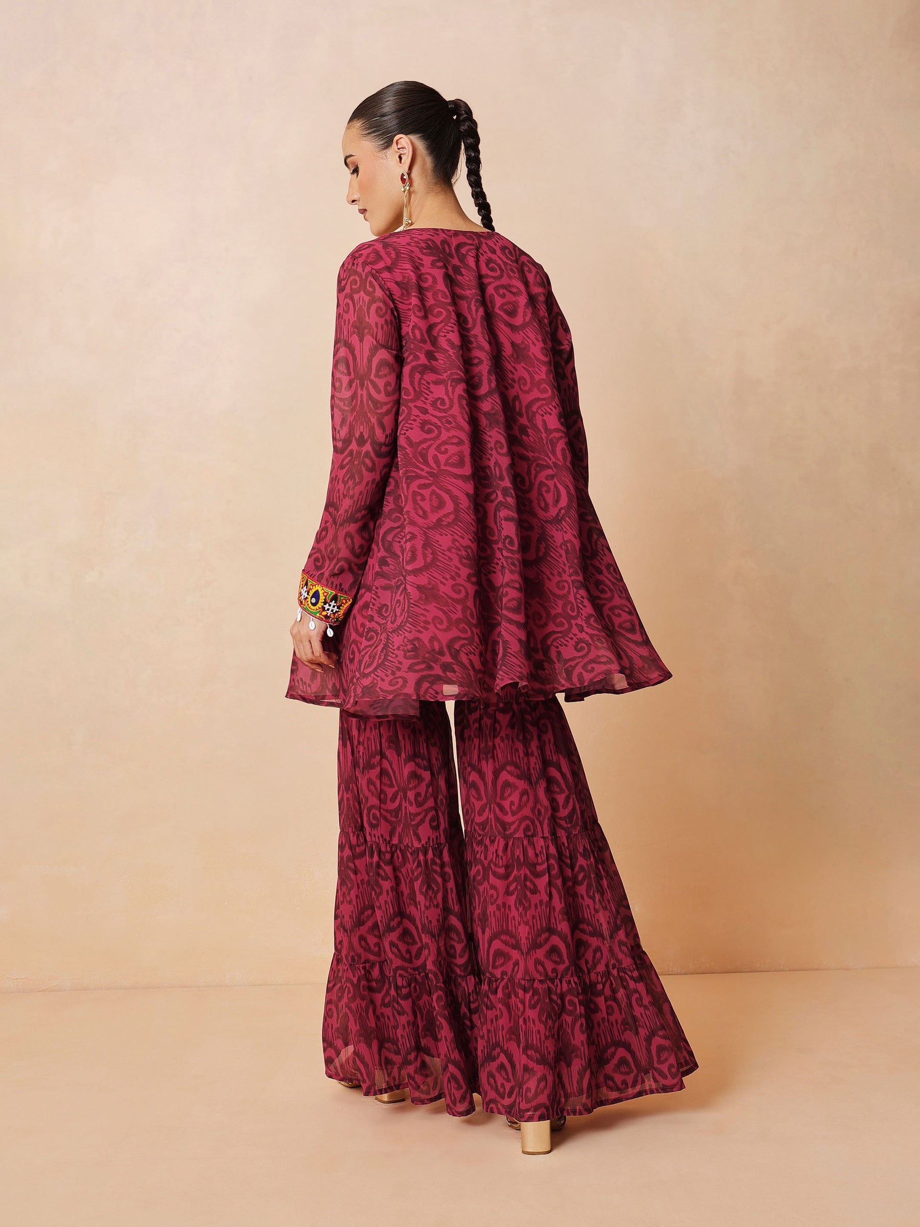 Fuchsia & Brown Ikat Print A line Kurti with Sharara Pants-Shae by SASSAFRAS