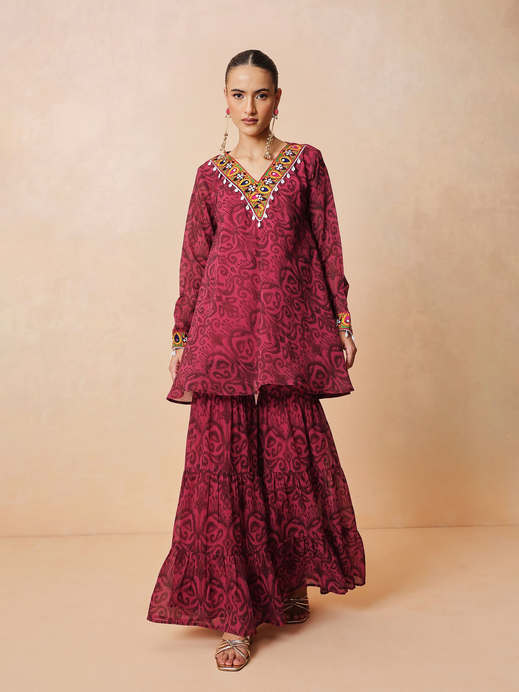 Fuchsia & Brown Ikat Print A line Kurti with Sharara Pants-Shae by SASSAFRAS