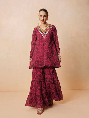 Fuchsia & Brown Ikat Print A line Kurti with Sharara Pants-Shae by SASSAFRAS