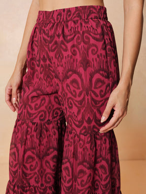 Women Fuchsia & Brown Ikat Print A line Kurti with Sharara Pants