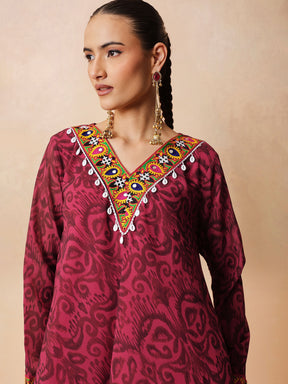 Women Fuchsia & Brown Ikat Print A line Kurti with Sharara Pants