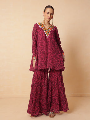 Women Fuchsia & Brown Ikat Print A line Kurti with Sharara Pants