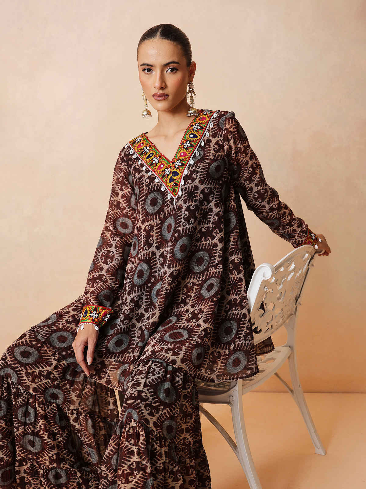 Brown & Beige Ikat Print A Line Kurti With Sharara Pants-Shae by SASSAFRAS