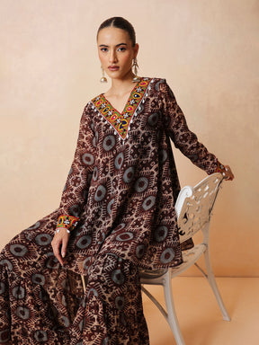 Brown & Beige Ikat Print A Line Kurti With Sharara Pants-Shae by SASSAFRAS