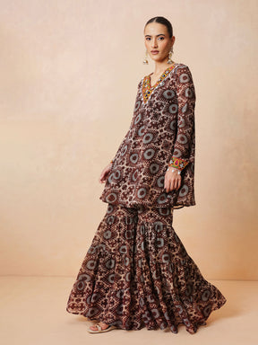 Brown & Beige Ikat Print A Line Kurti With Sharara Pants-Shae by SASSAFRAS