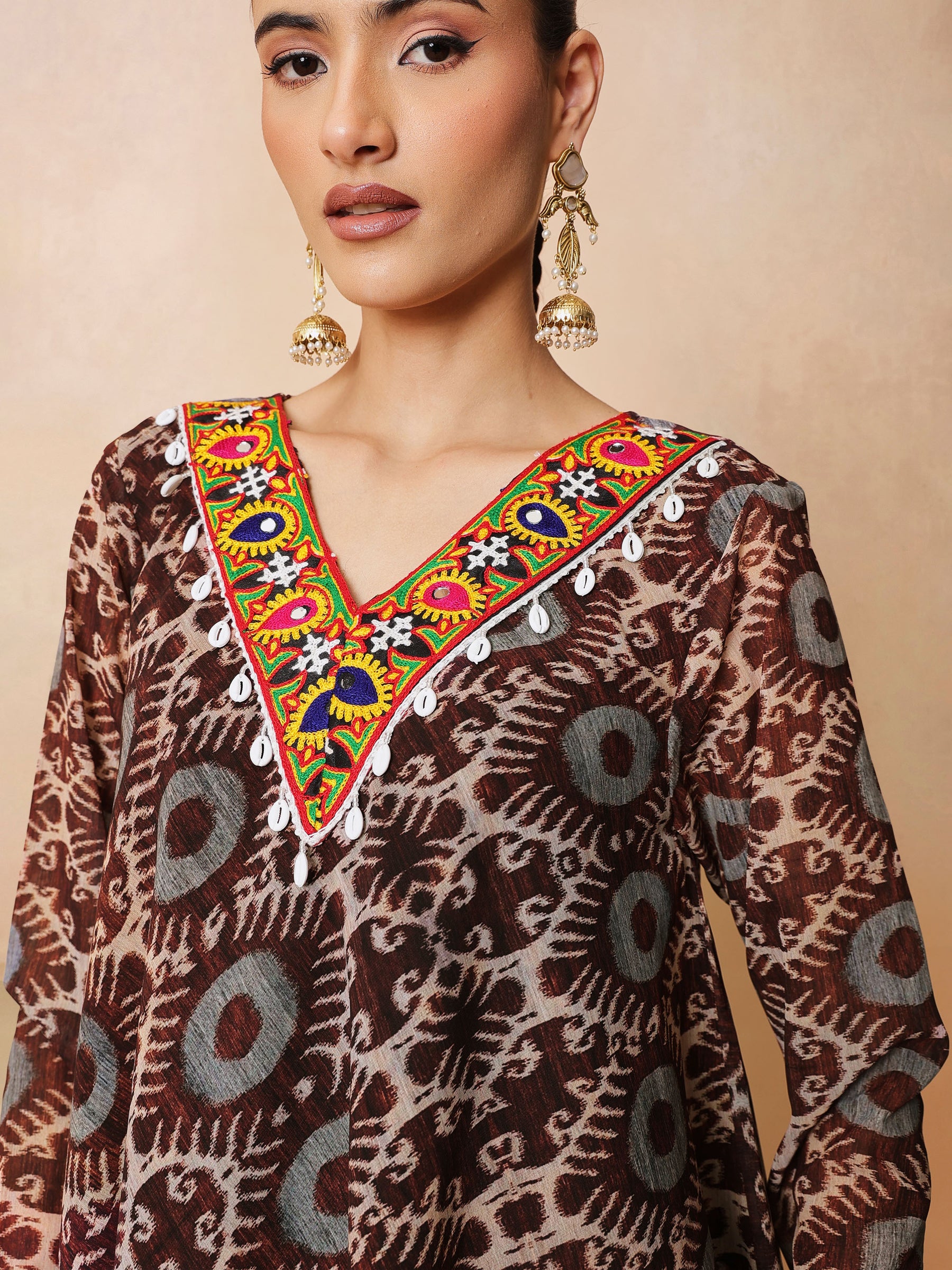 Brown & Beige Ikat Print A Line Kurti With Sharara Pants-Shae by SASSAFRAS