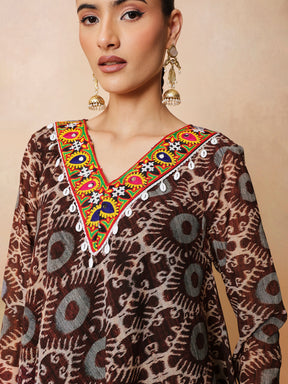 Brown & Beige Ikat Print A Line Kurti With Sharara Pants-Shae by SASSAFRAS