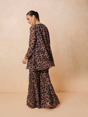 Brown & Beige Ikat Print A Line Kurti With Sharara Pants-Shae by SASSAFRAS