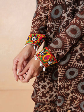 Brown & Beige Ikat Print A Line Kurti With Sharara Pants-Shae by SASSAFRAS