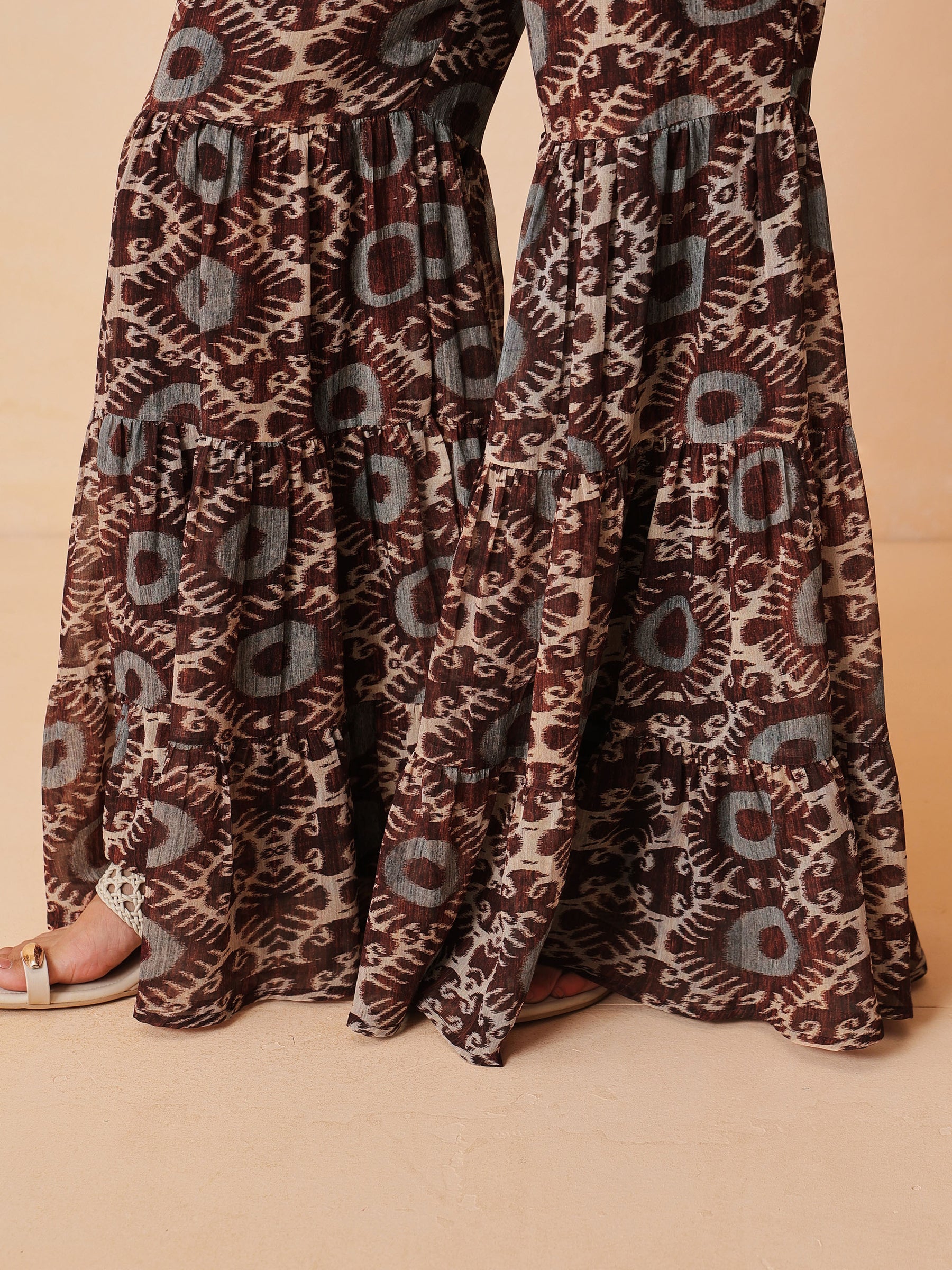 Women Brown & Beige Ikat Print A Line Kurti With Sharara Pants